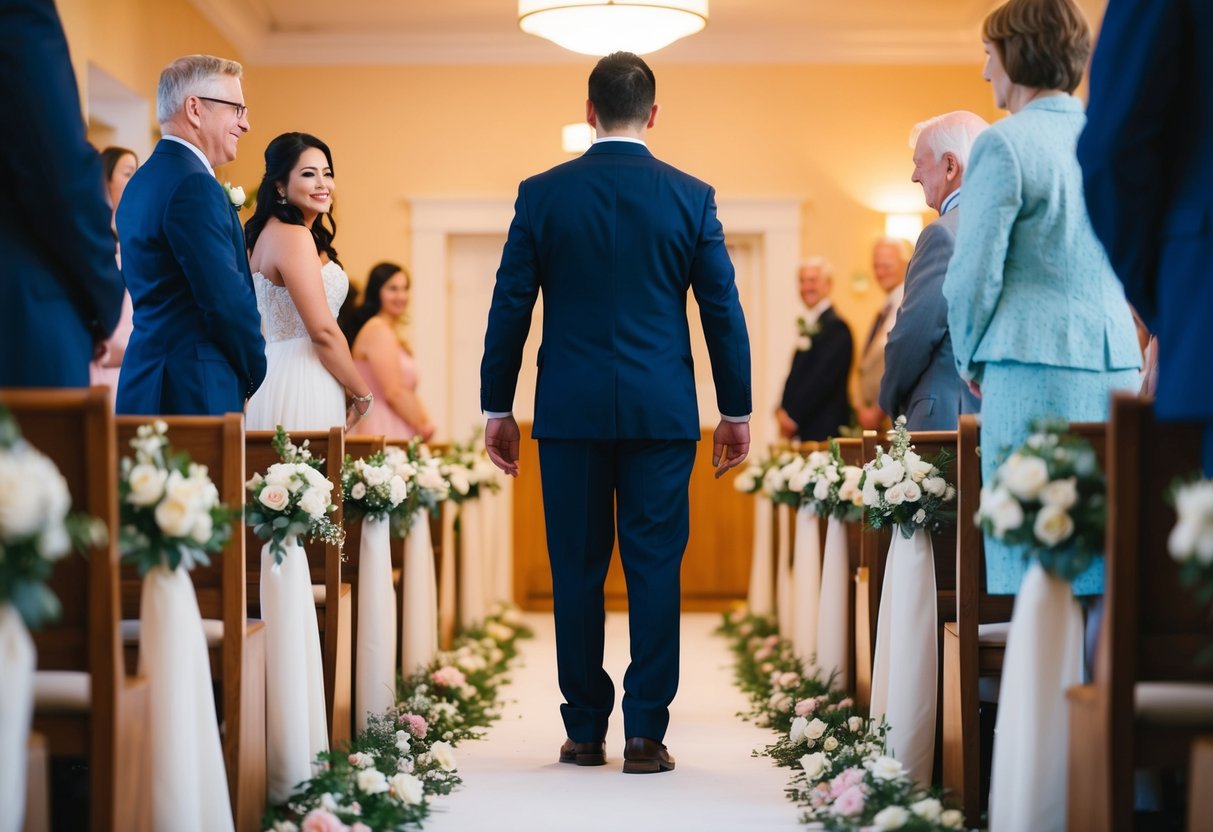 A figure stands at the end of a flower-lined aisle, waiting to guide another figure toward them. The setting is warm and inviting, with soft lighting and a sense of joy in the air