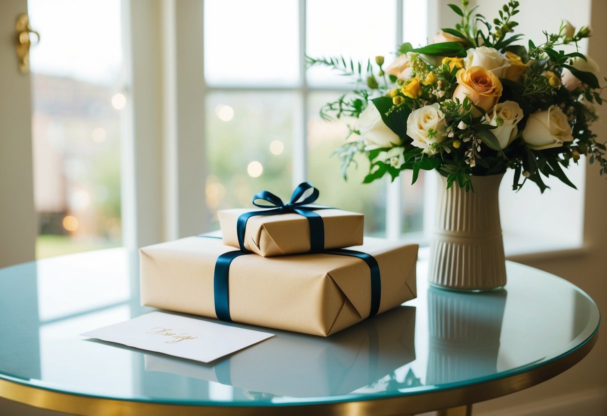 A beautifully wrapped wedding gift sits on a table next to a card and a bouquet of flowers
