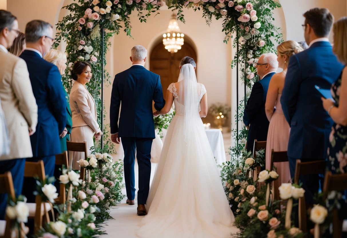 A figure leads the bride down the aisle, surrounded by floral arches and soft lighting