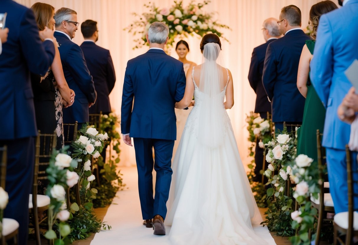 A figure walks the bride down the aisle, surrounded by flowers and soft lighting