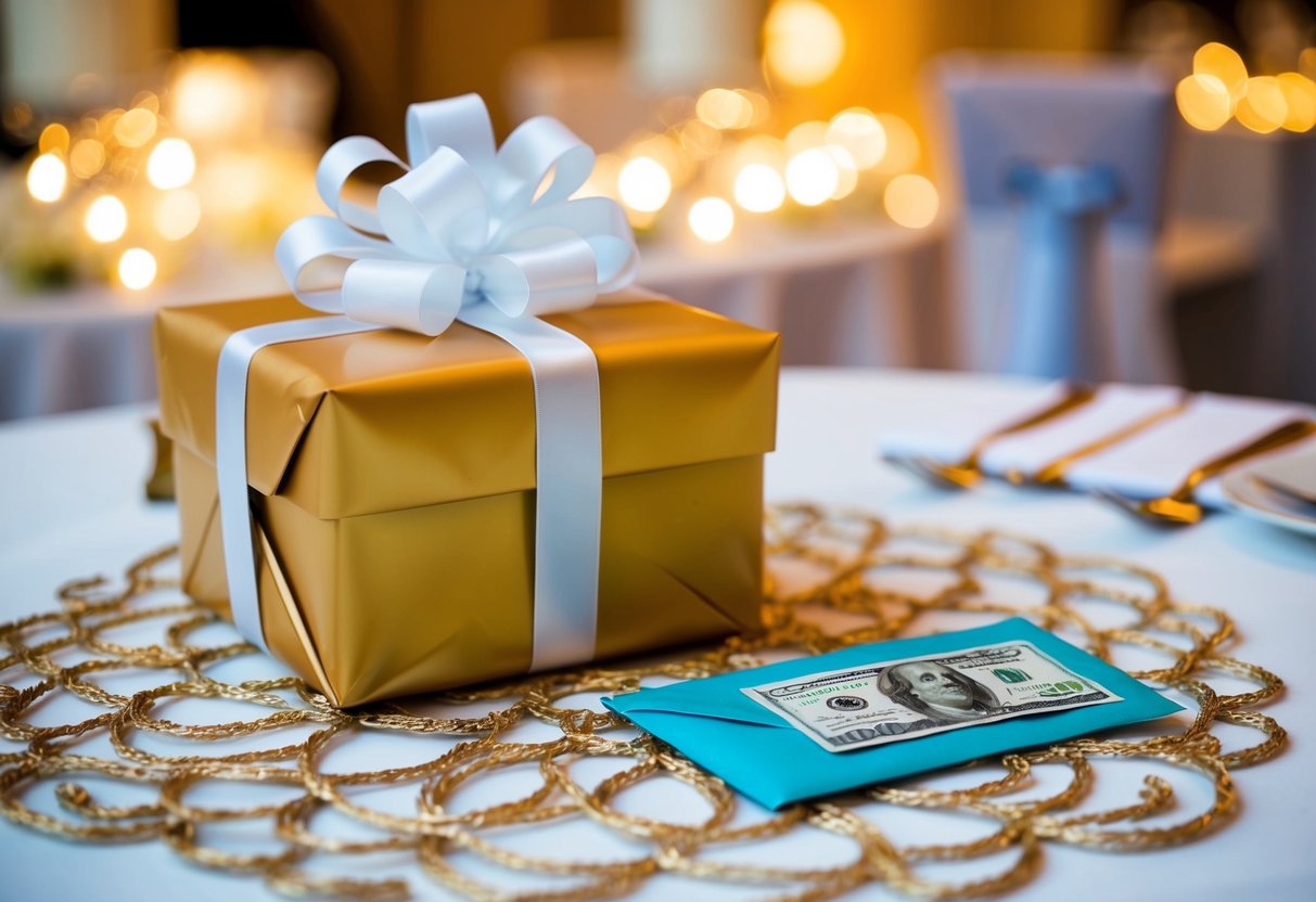 A beautifully wrapped gift and an envelope of cash placed on a decorative table at a wedding reception
