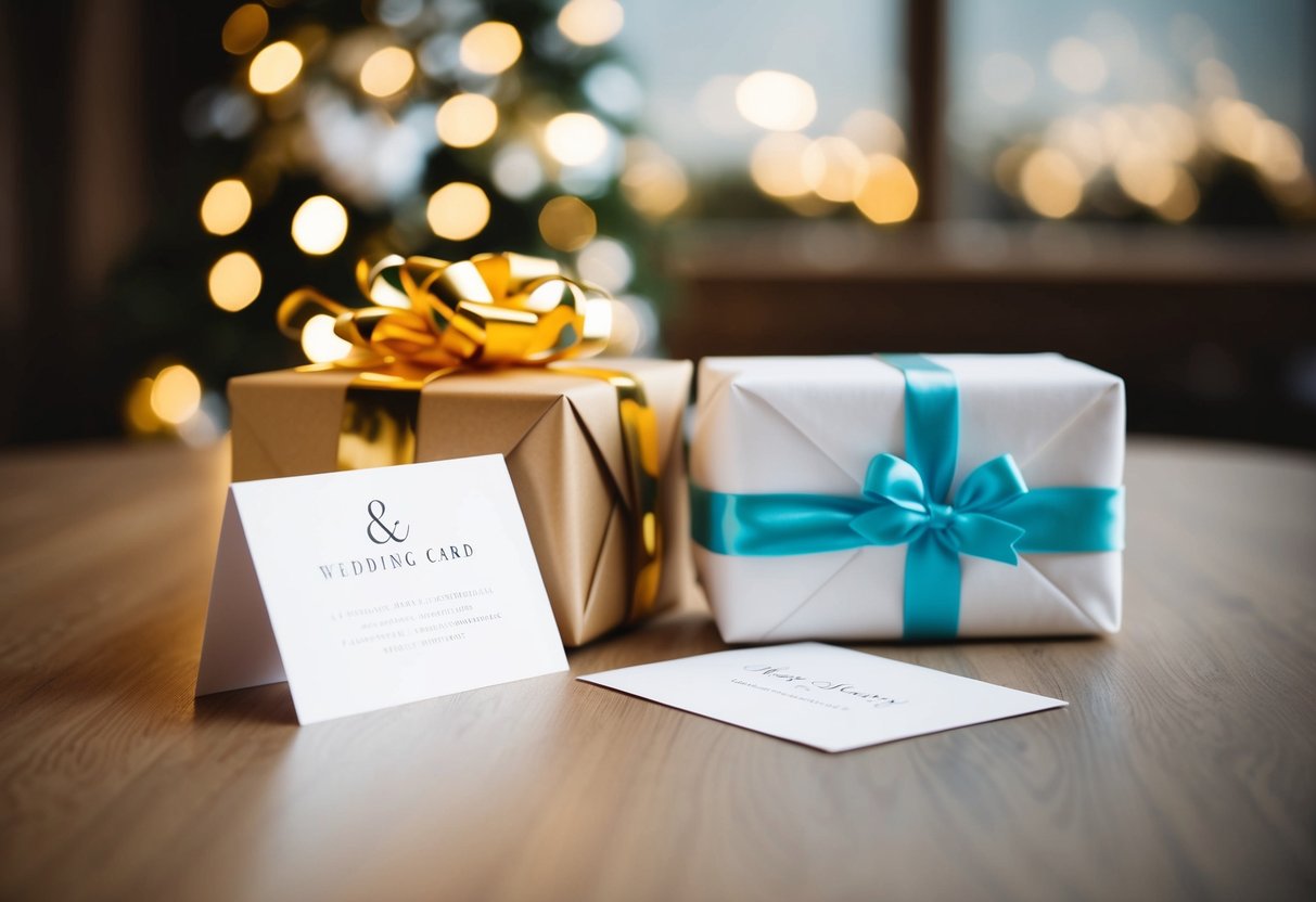 A wedding gift card and a wrapped present sit on a table, with a thoughtful card resting beside them