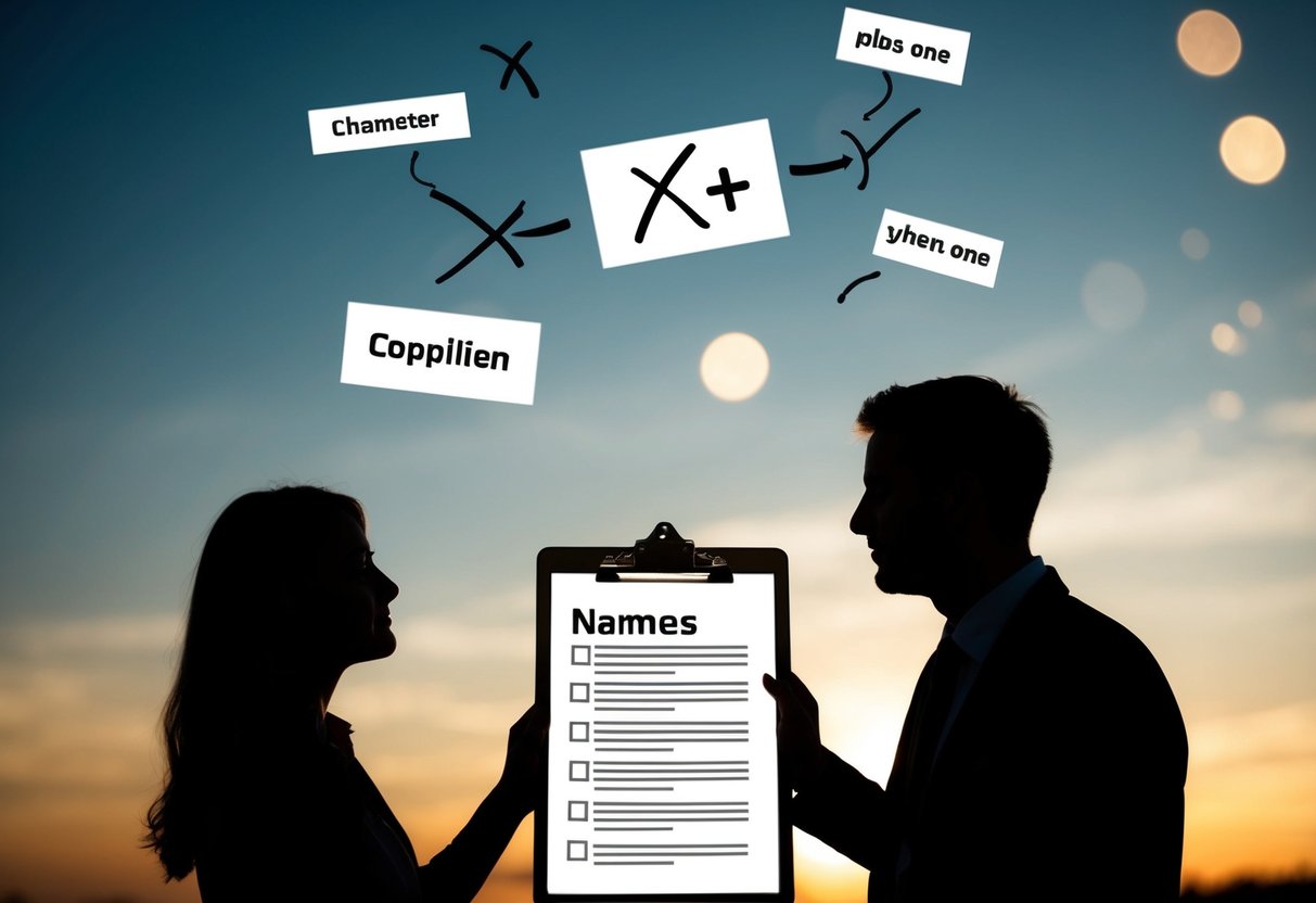 A couple's silhouette holds a clipboard, surrounded by floating names. A plus-one hovers questionably, while others are crossed out