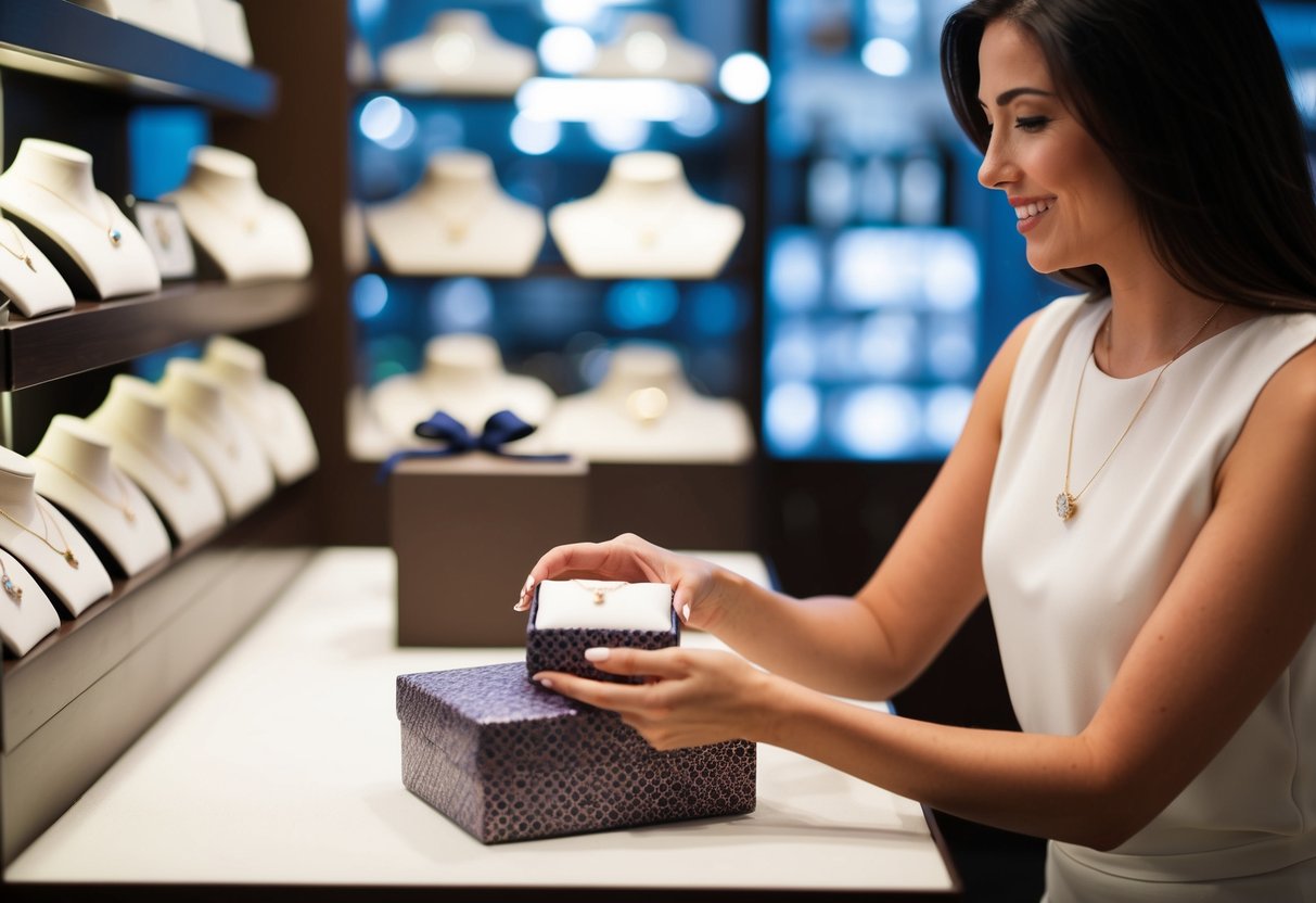 A woman purchases a delicate necklace from a jewelry store and carefully wraps it in a decorative box
