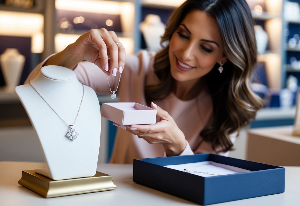A mother carefully selects a delicate necklace from a display of elegant jewelry. She holds it up, admiring the shimmering pendant before wrapping it in a beautiful box