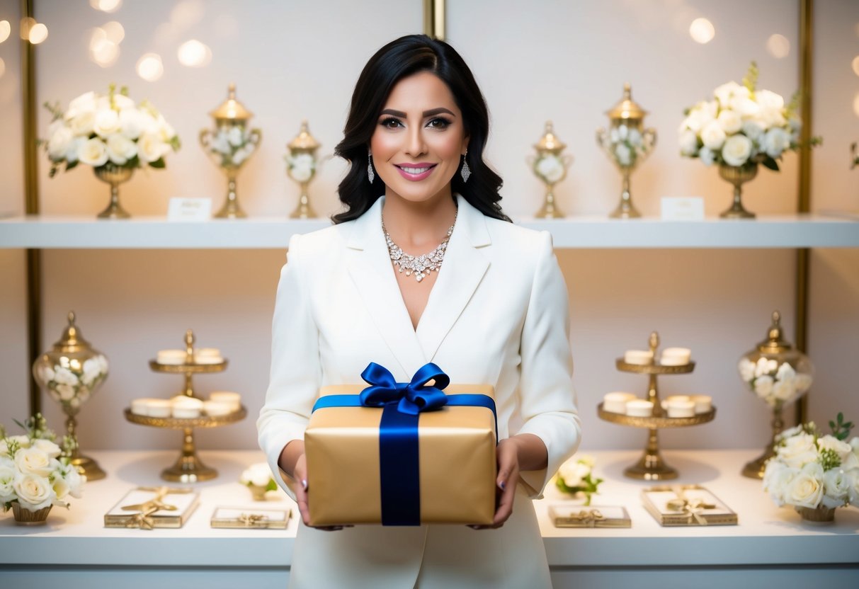 A woman holds a beautifully wrapped gift as she stands in front of a display of elegant wedding accessories