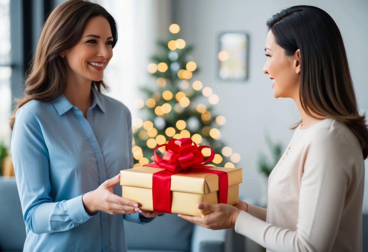 A woman presents a beautifully wrapped gift to another woman, expressing gratitude and support