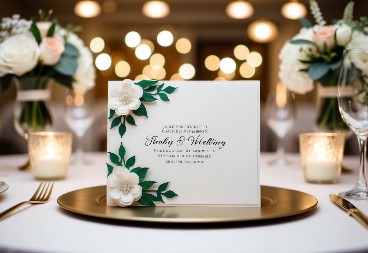 A beautifully decorated wedding card placed on a table with elegant floral centerpieces and soft lighting in the background