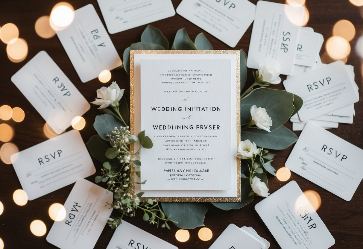 A wedding invitation surrounded by scattered RSVP cards