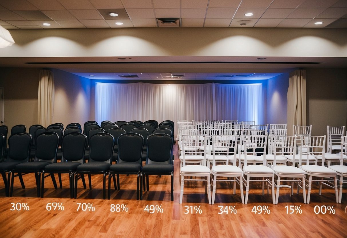 A wedding venue with empty and filled seats, representing the percentage of guests attending