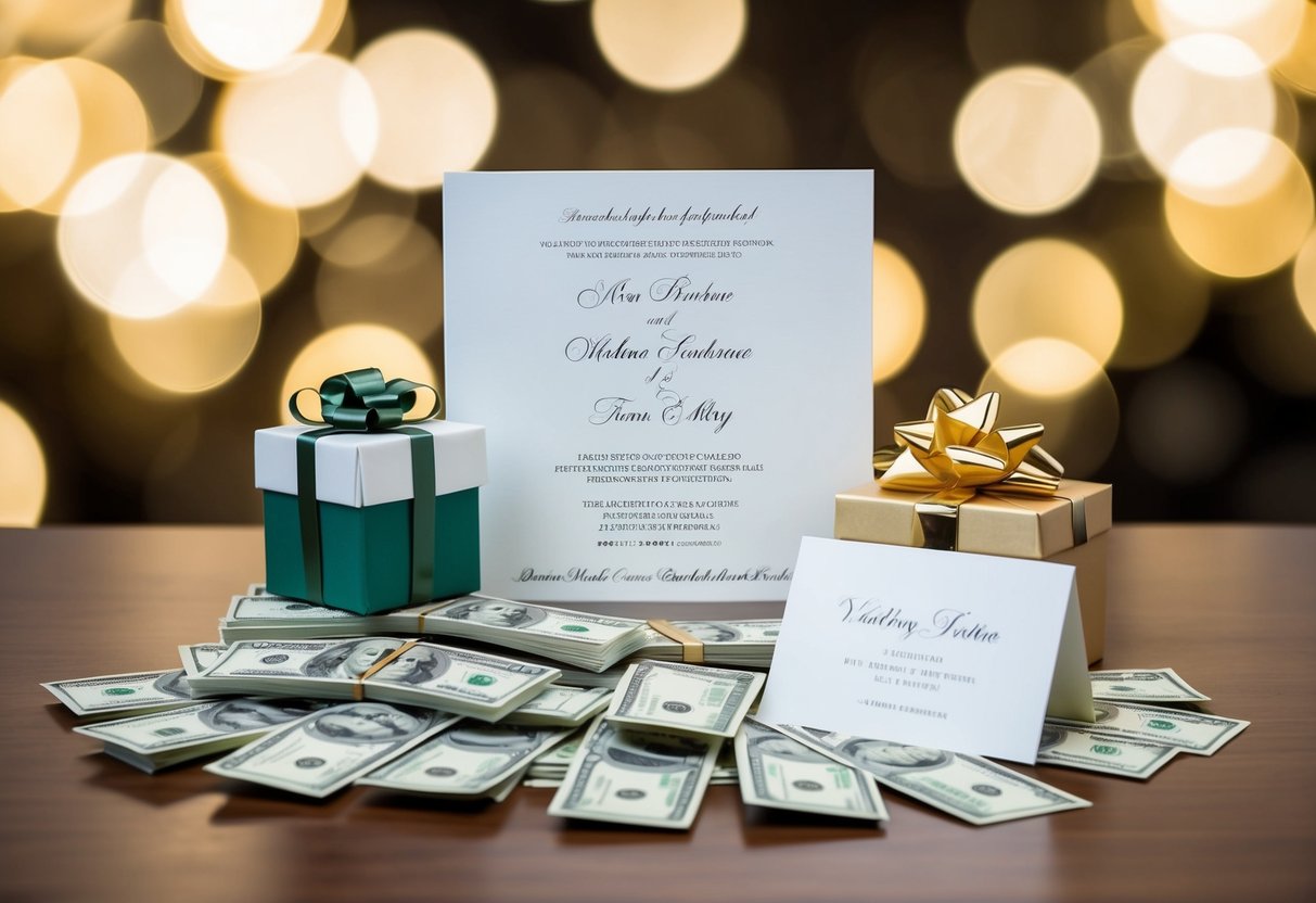 A wedding invitation surrounded by a pile of cash, a gift box, and a card