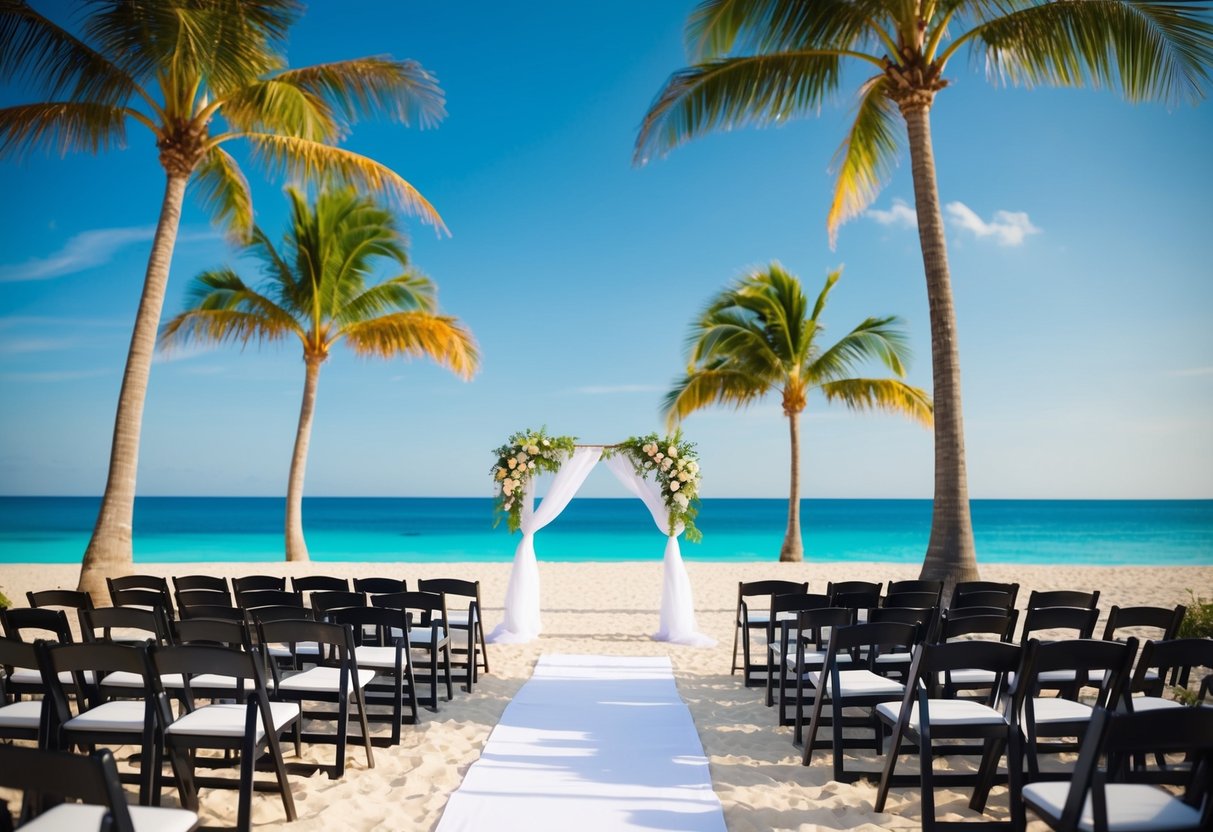 A beachside wedding with chairs set up for guests, surrounded by palm trees and a clear blue ocean in the background