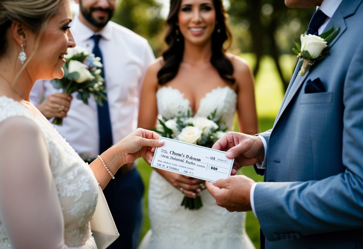 The bride's parents hand over a check to the wedding planner