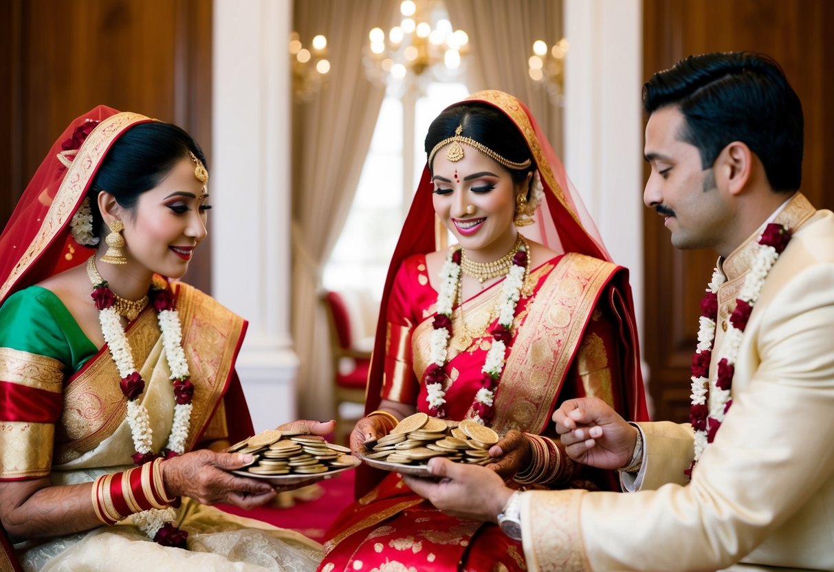A traditional wedding scene with the bride and groom's families discussing and exchanging financial contributions for the wedding