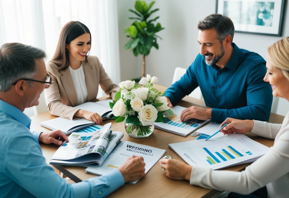 A family budgeting together at a dining table, with wedding magazines and financial documents spread out