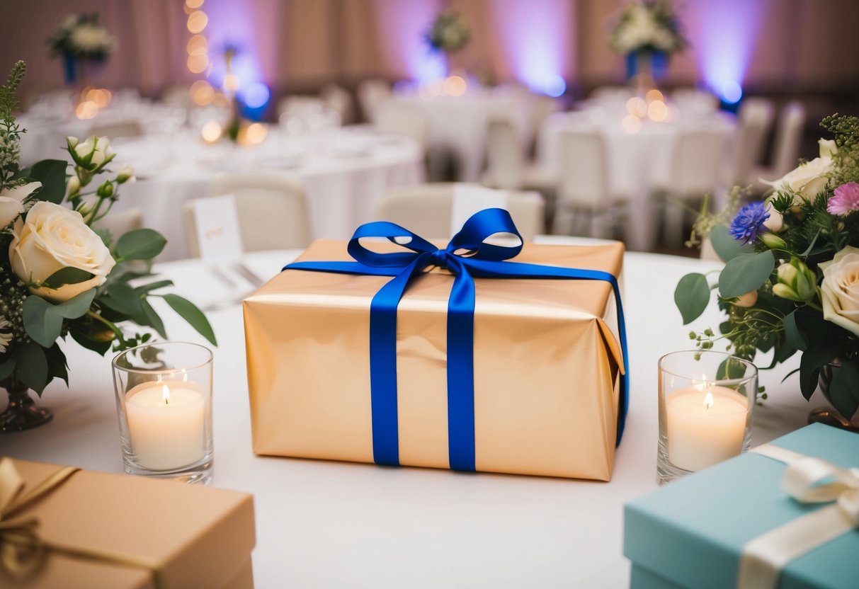 A beautifully wrapped wedding gift placed on a table at the reception, surrounded by other presents and floral decorations