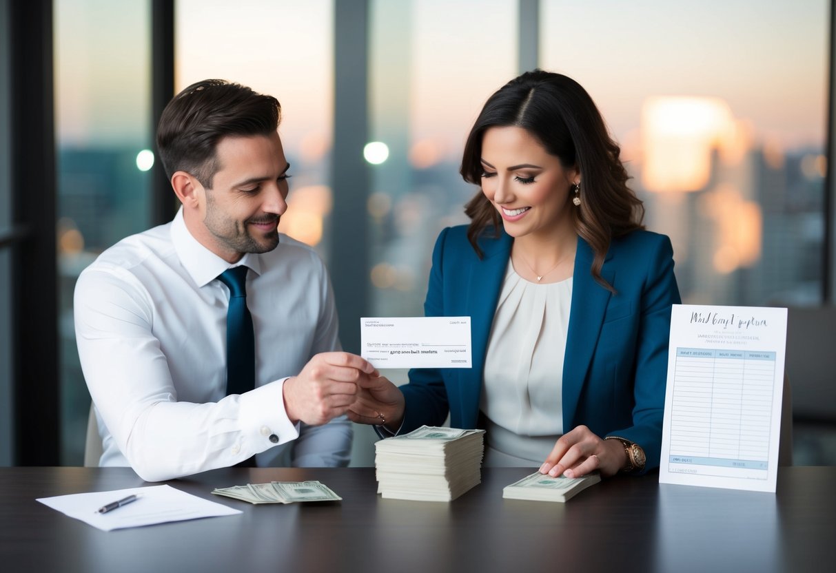 A man and woman place a check and a stack of cash on a table next to a wedding invitation and a list of expenses