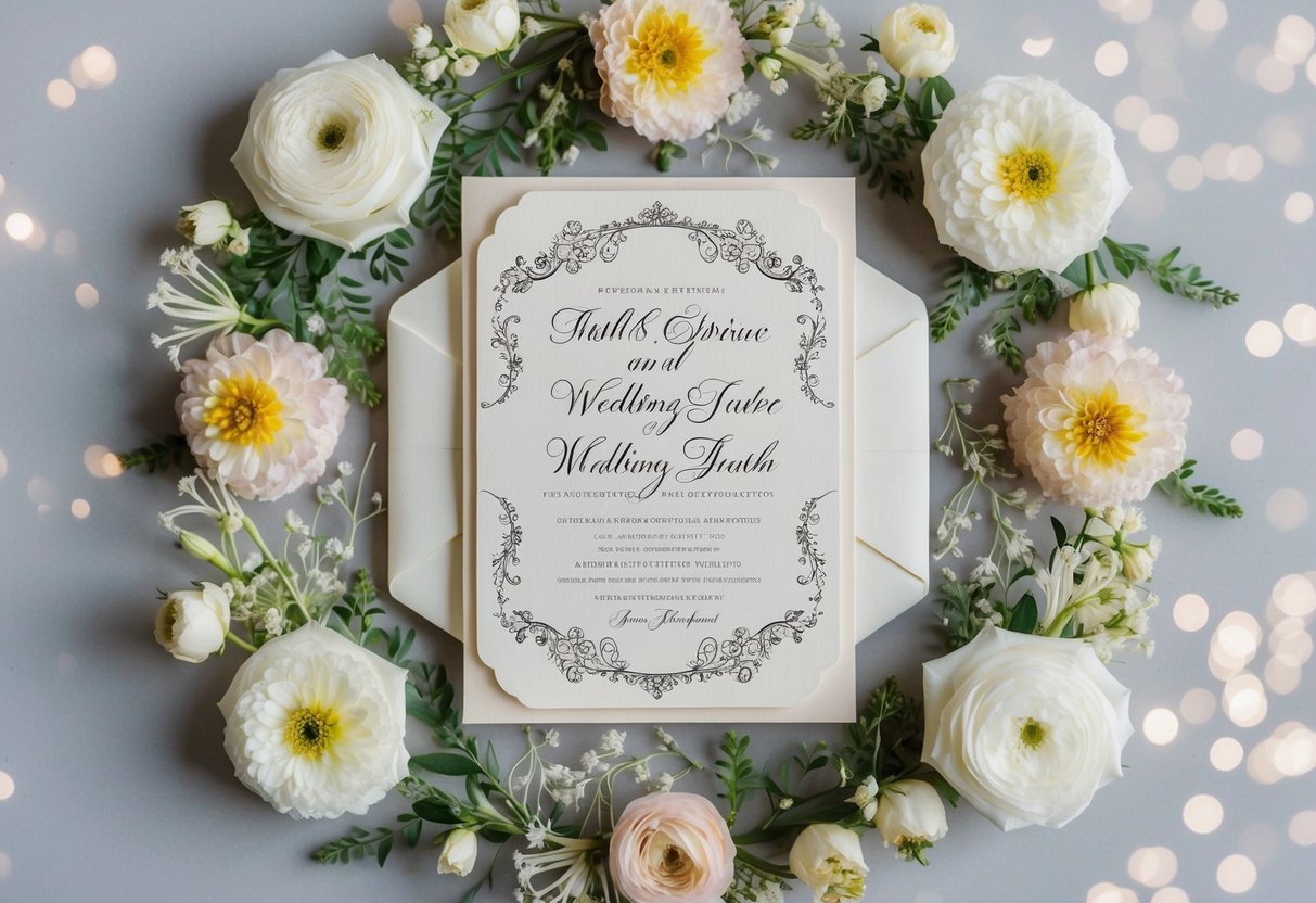 An ornate wedding invitation surrounded by delicate floral arrangements and elegant calligraphy