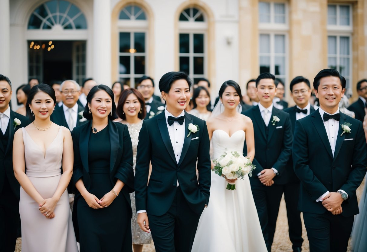 A group of elegantly dressed guests at a wedding, with one person wearing a stylish black outfit standing out among the crowd