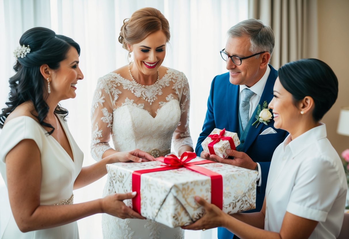 Parents present a beautifully wrapped gift to their daughter on her wedding day