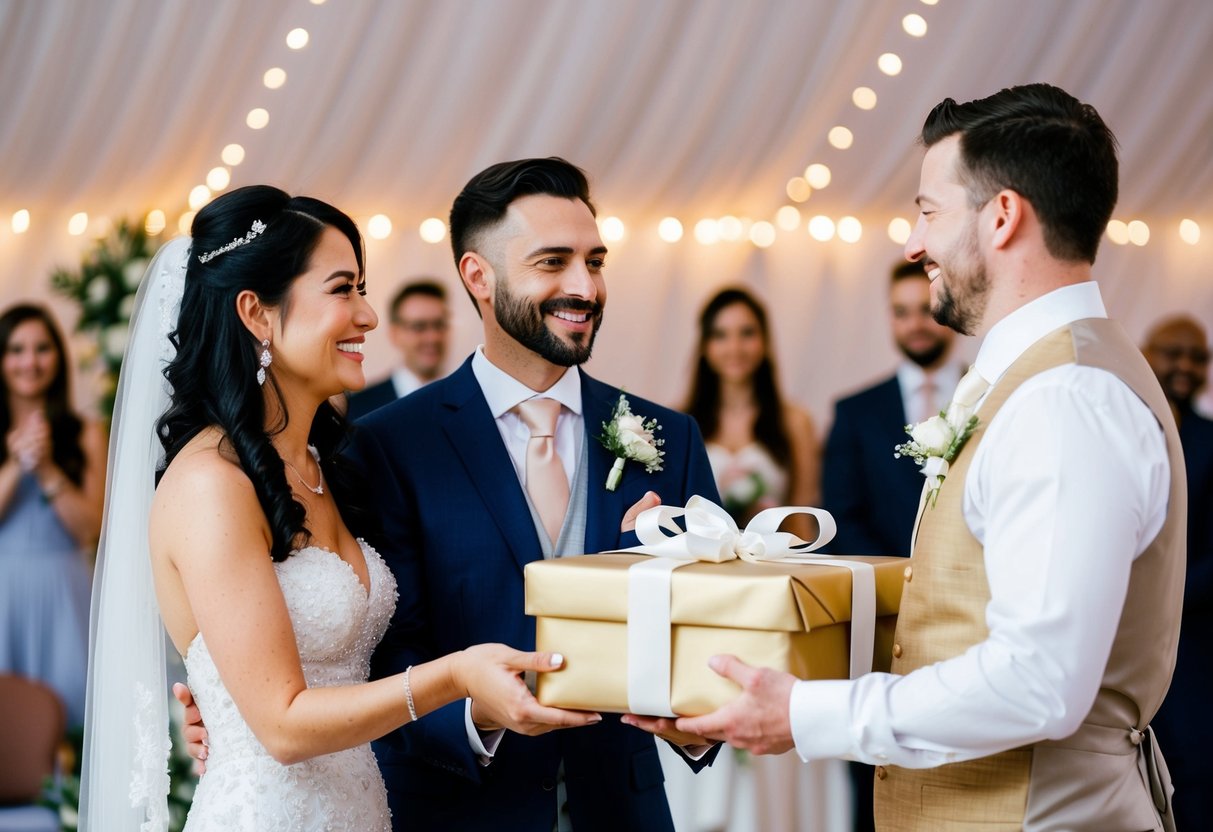 A couple presents a beautifully wrapped gift to a bride and groom at their wedding reception