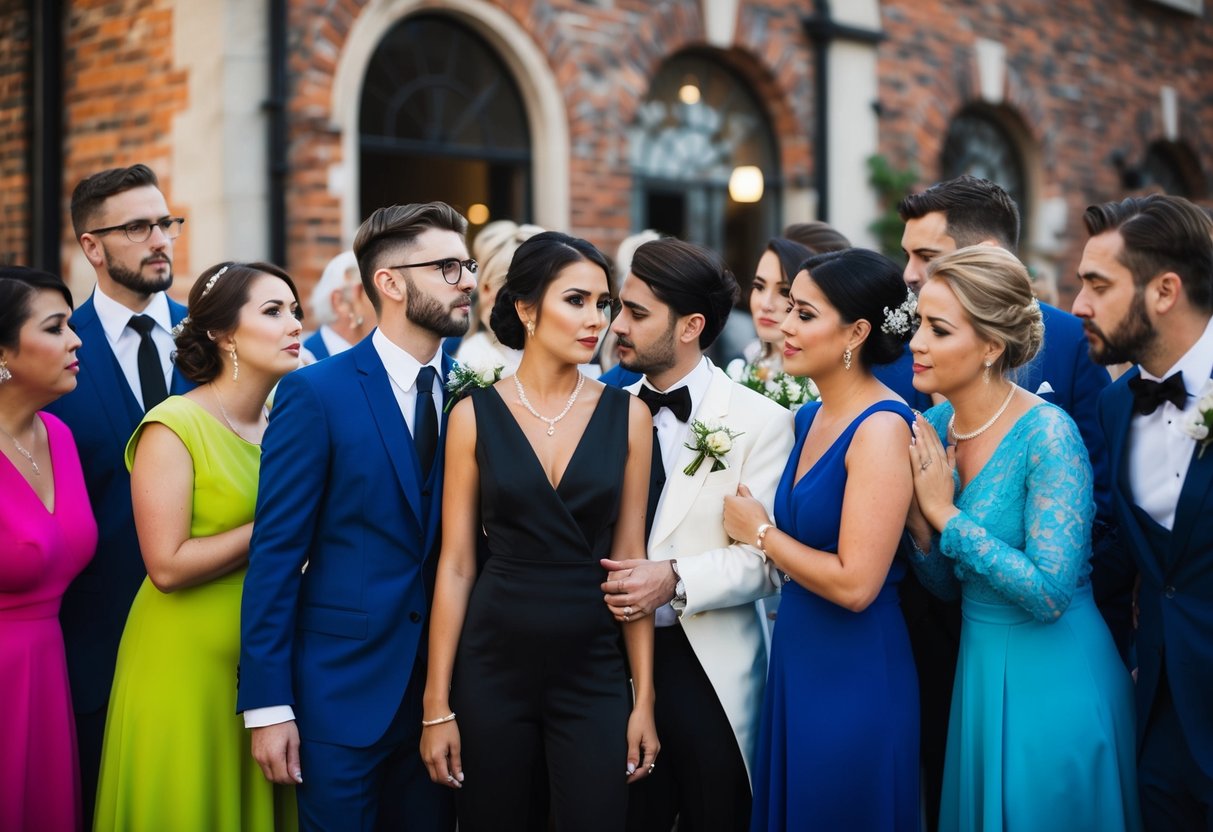 A group of wedding guests in various colorful attire, with one person wearing a black outfit, surrounded by disapproving glances and whispers