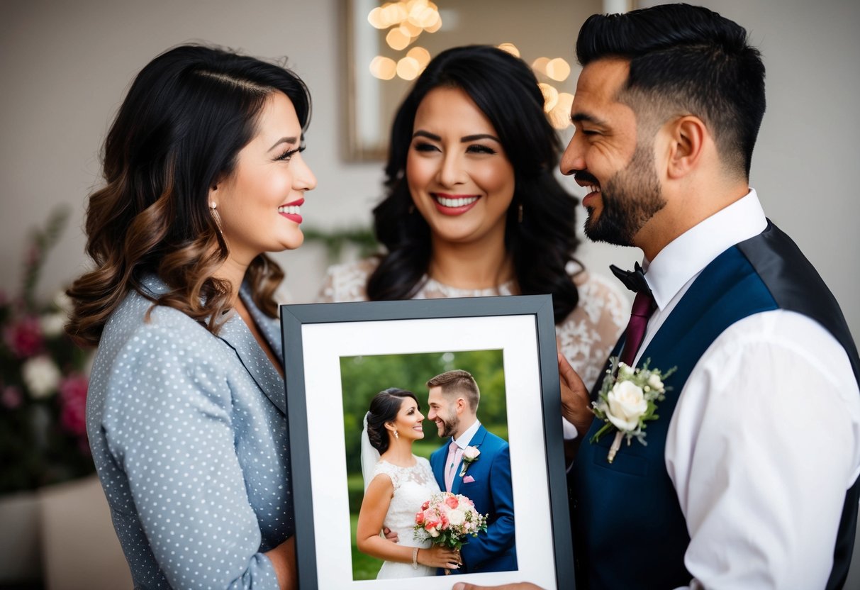 A couple presents a framed photo of their daughter to her new spouse