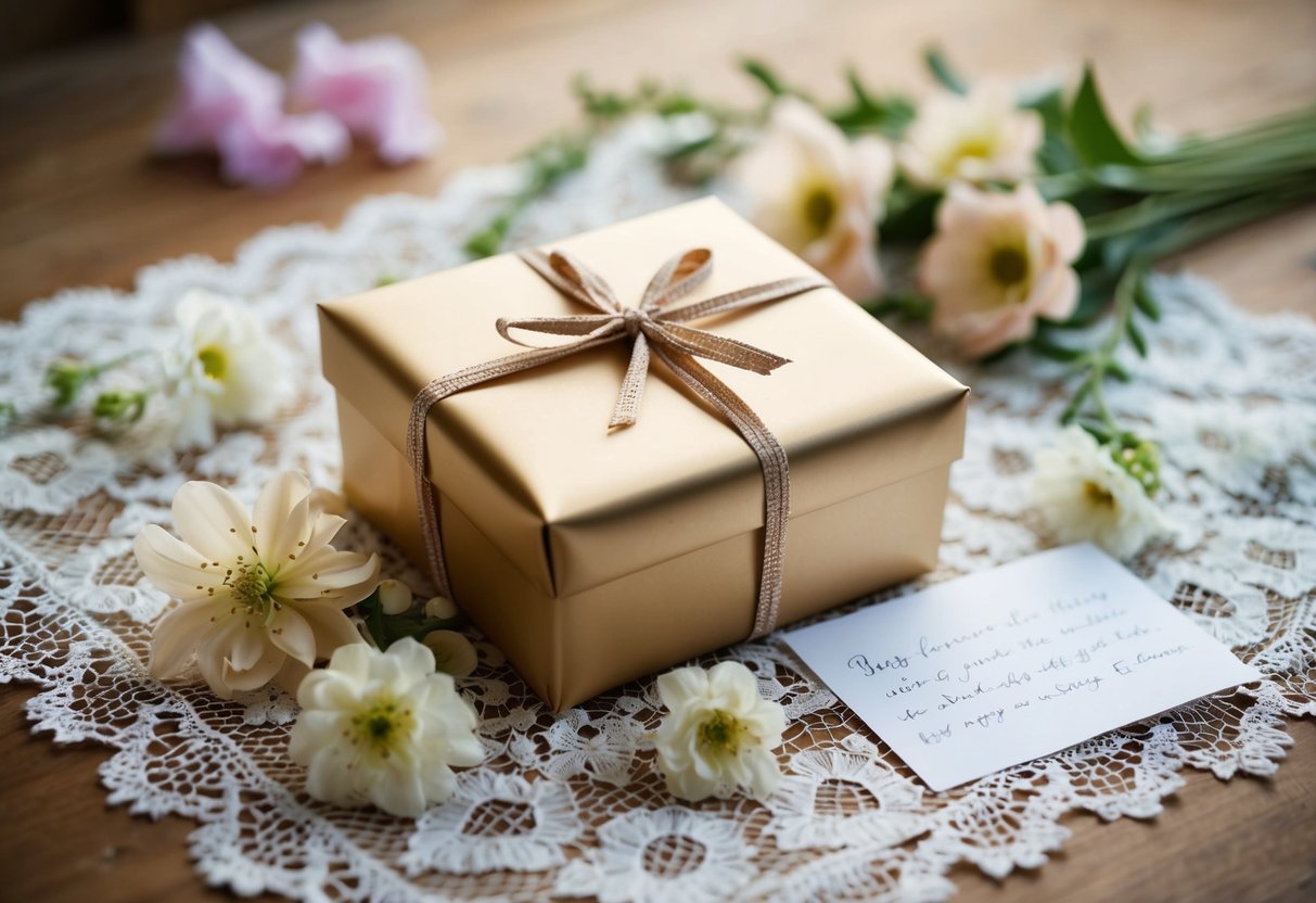 A beautifully wrapped gift box sits on a lace-covered table, surrounded by delicate flowers and a handwritten note