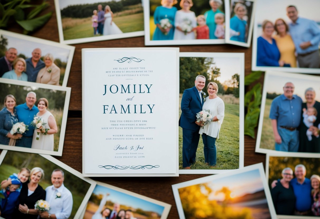 A wedding invitation surrounded by a variety of family photos, some old and faded, others new and vibrant