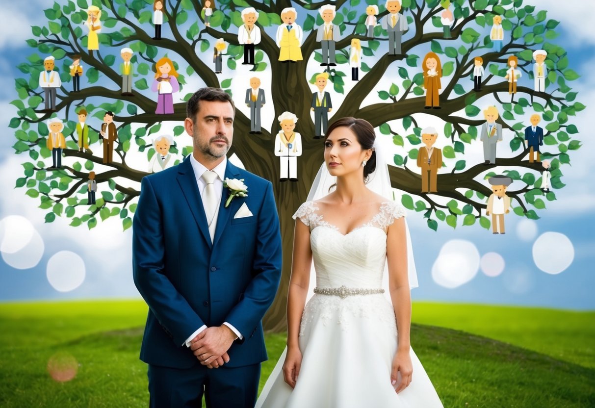 A bride and groom standing in front of a large family tree, with various branches representing different relatives. The couple looks uncertain as they consider who to invite to their wedding