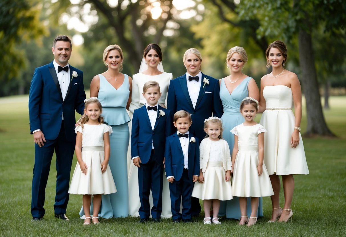 Family members in formal attire at a wedding: men in suits or tuxedos, women in elegant dresses or skirts and blouses, children in miniature versions