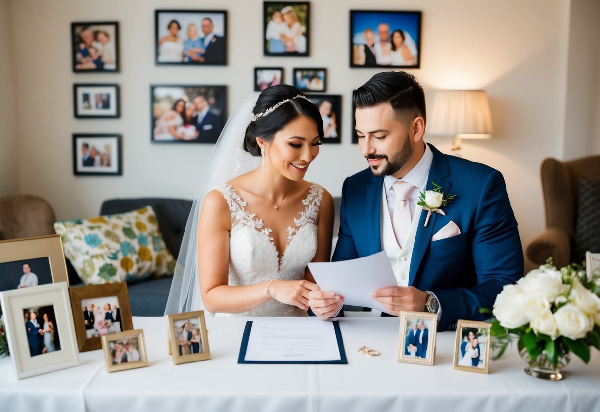 A bride and groom discussing their invite list, surrounded by a mix of family photos and wedding decor