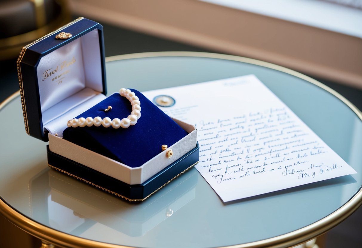 A beautiful pearl necklace and a handwritten letter are presented in a decorative box on a table
