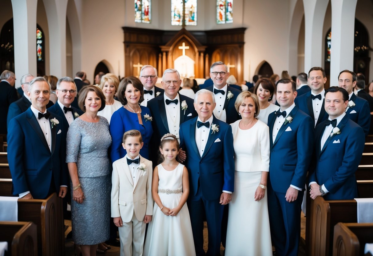 Family members in formal attire gather in a church or elegant venue for a wedding, with women in dresses or suits and men in suits or tuxedos