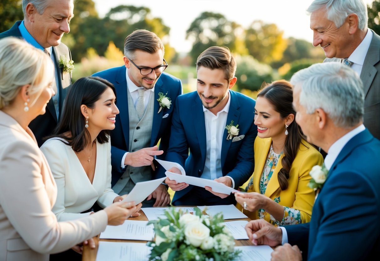 A couple surrounded by friends and family, with a mix of relatives and significant others, discussing wedding invitations