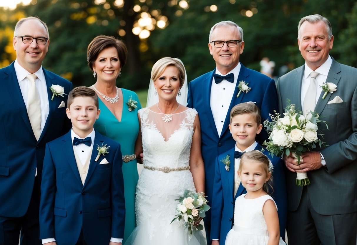 Family members in formal attire at a wedding: a mix of suits, dresses, and elegant accessories
