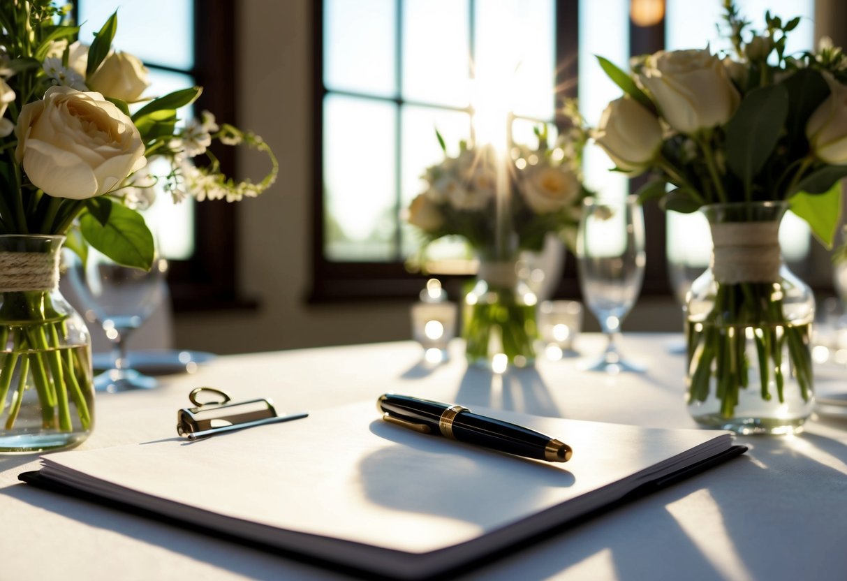 A table with a pen and paper, surrounded by flowers and wedding decor, with sunlight streaming in through a window