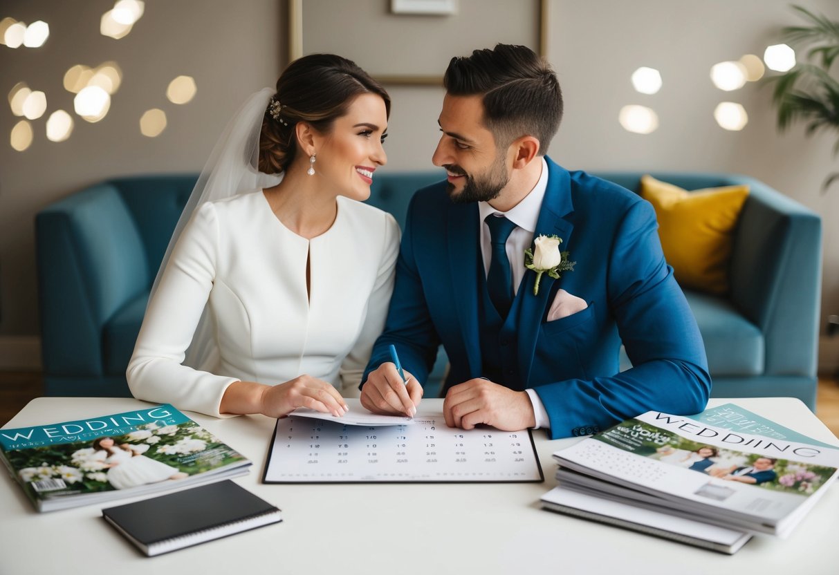 A couple sitting at a table with a calendar, surrounded by wedding magazines and a notepad, discussing and planning their guest list size