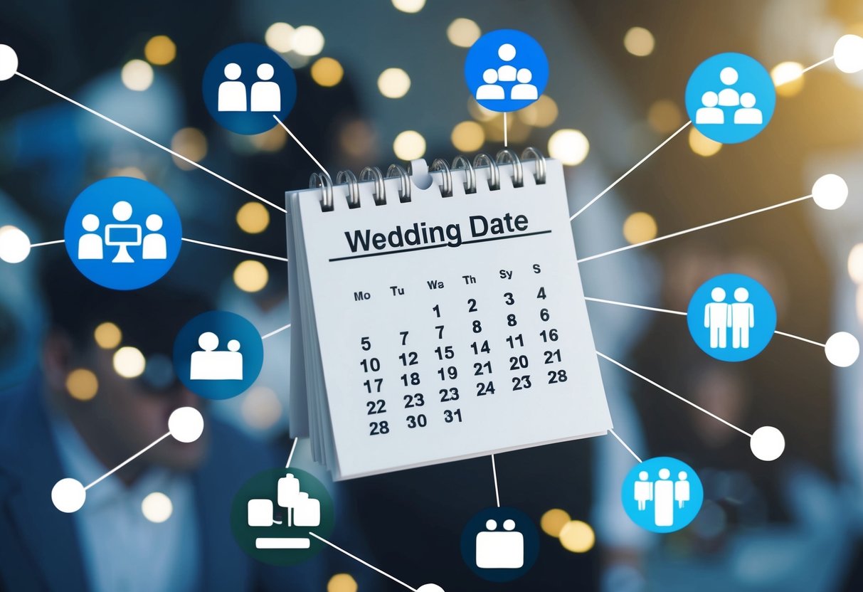 A calendar with a wedding date circled, surrounded by a web of lines connecting to different groups of people and communication devices
