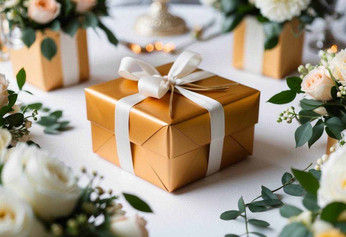 A beautifully wrapped gift box surrounded by elegant wedding decor and flowers