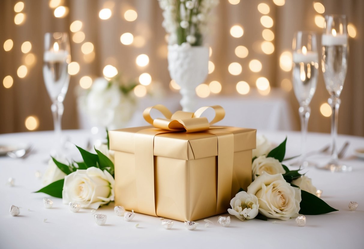 A beautifully wrapped gift box surrounded by elegant wedding decor