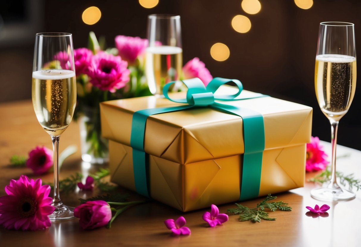 A beautifully wrapped gift box surrounded by flowers and champagne glasses on a table