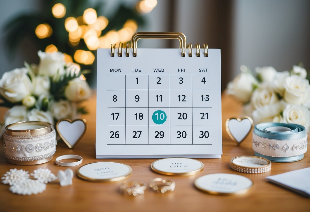 A calendar with the date 10 months in the future circled, surrounded by wedding-themed decorations and accessories
