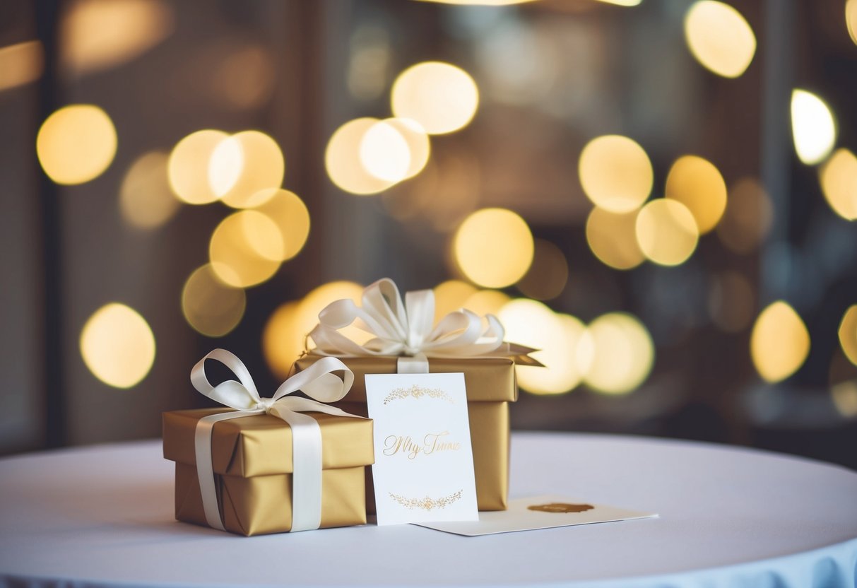 A wedding gift table with a wrapped present and a card