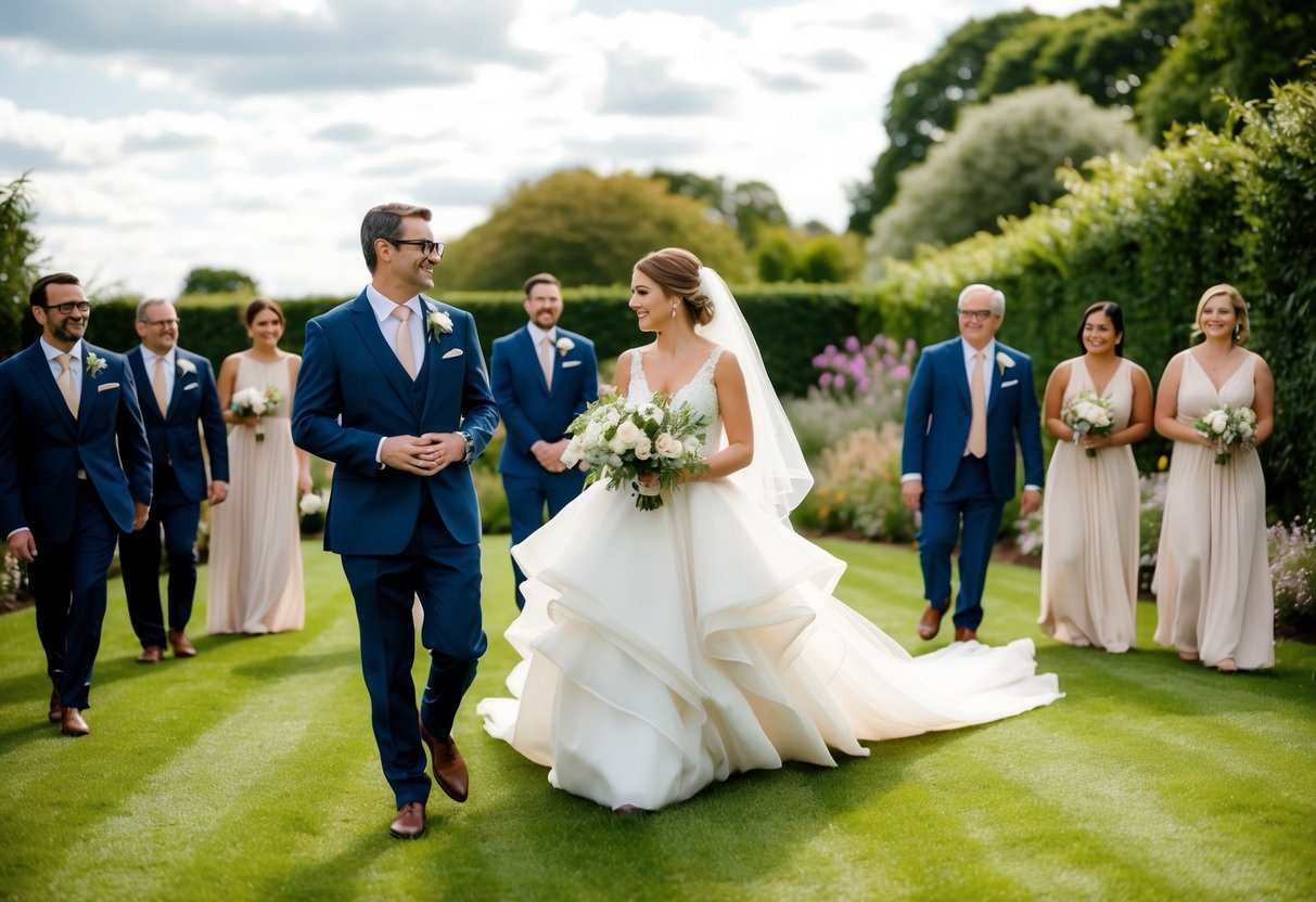 A garden wedding with a bride in a flowing gown and guests in formal attire