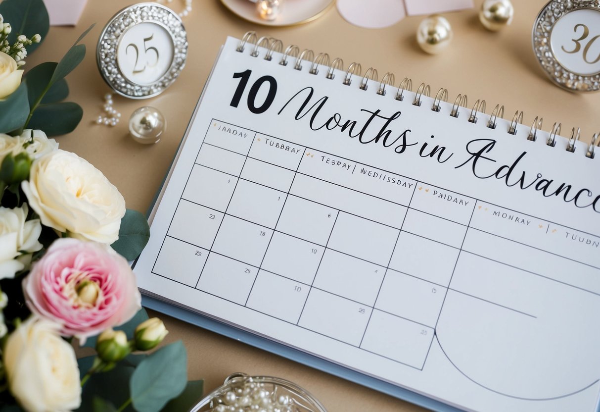 A calendar with the date 10 months in advance circled, surrounded by wedding-themed decorations and a blank space for a save the date announcement