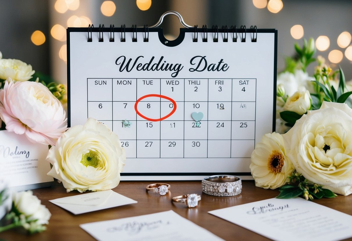 A calendar with a wedding date circled, surrounded by various wedding elements such as flowers, rings, and invitations