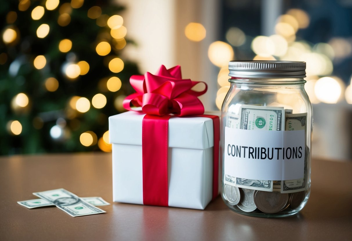 A beautifully wrapped gift box with a bow sits next to a clear jar labeled "contributions" with a slot for money
