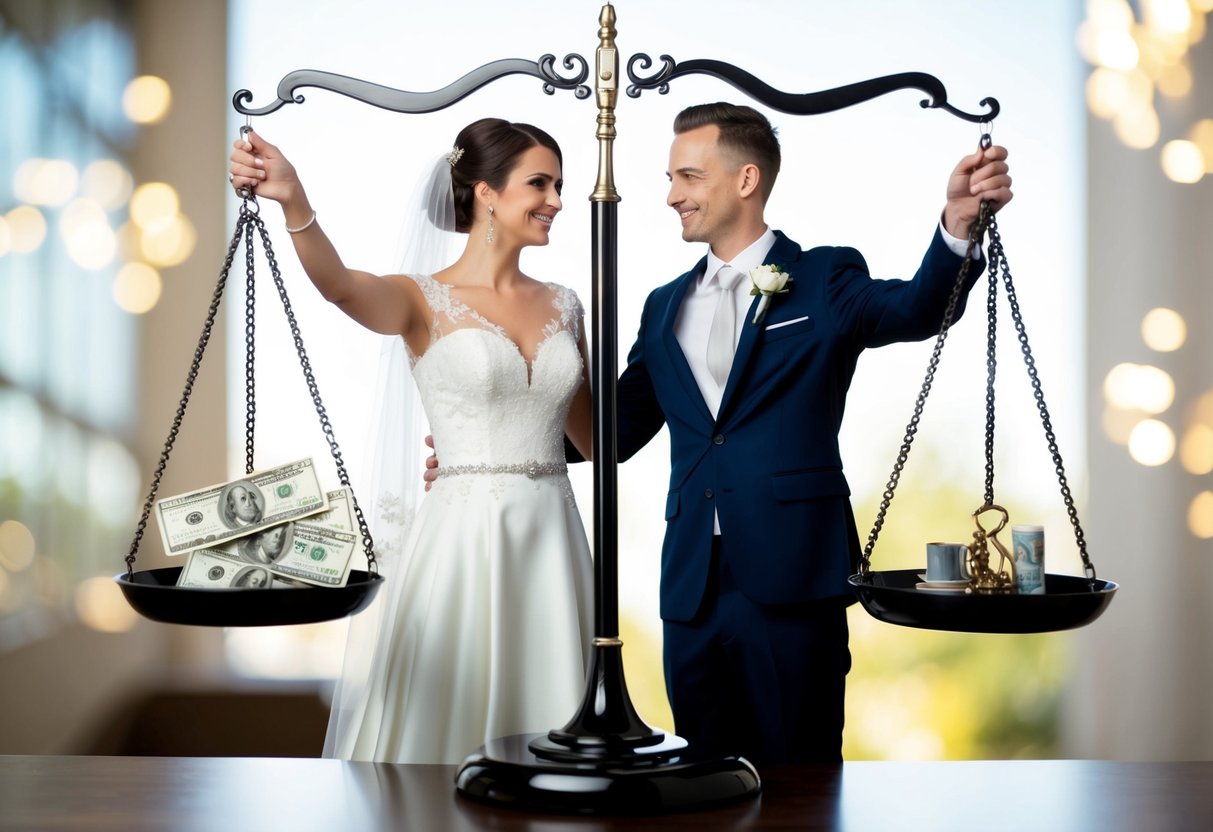 A bride and groom standing on opposite sides of a scale, with money on one side and wedding-related items on the other