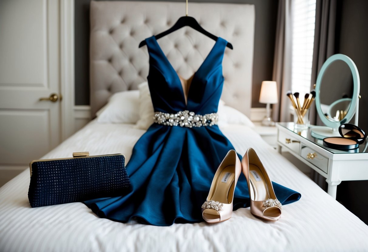 A stylish cocktail dress, high heels, and a clutch bag laid out on a bed with a mirror and makeup on a vanity
